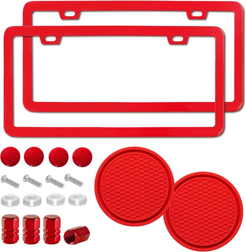 ZukMi 2 Pack License Plate Frame for Car Matte Metal Aluminum Rust-Proof License Plate Holder Cover Gloss Black Front Rear Number Tag Frame for Men Women Universal Fit (Red) - Image 1